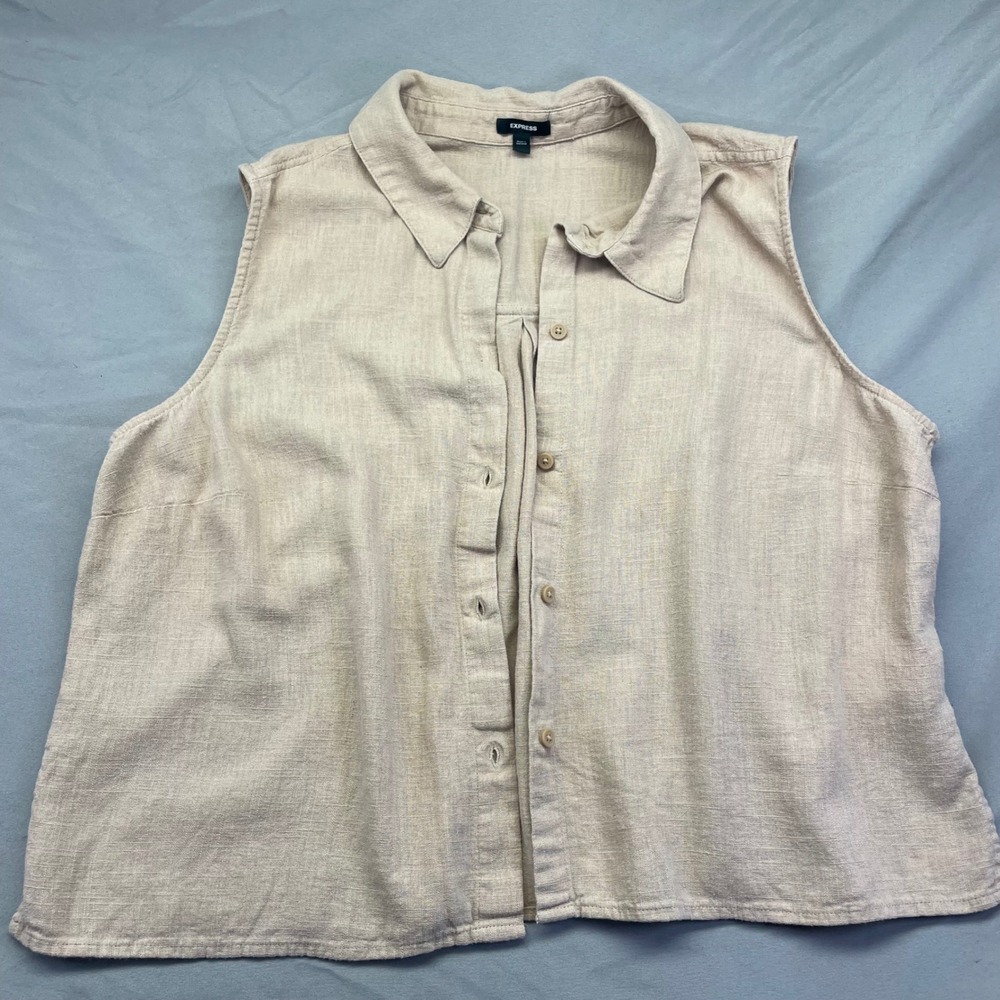 Express Womens Linen Blend Sleeveless Button Up Shirt Beige Neutral Relaxed Top
